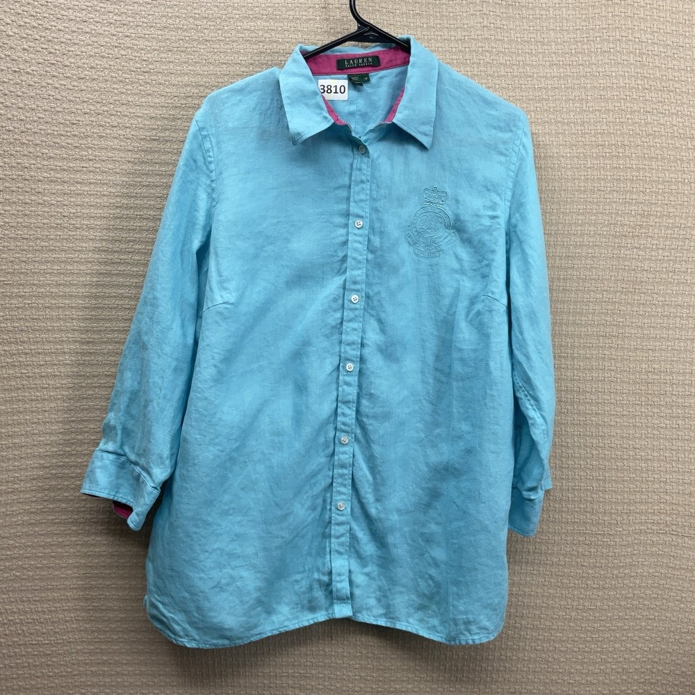 Lauren Ralph Lauren 1X Linen Shirt Blue Button‎ Down 3/4 Sleeve Beachy Lagenlook